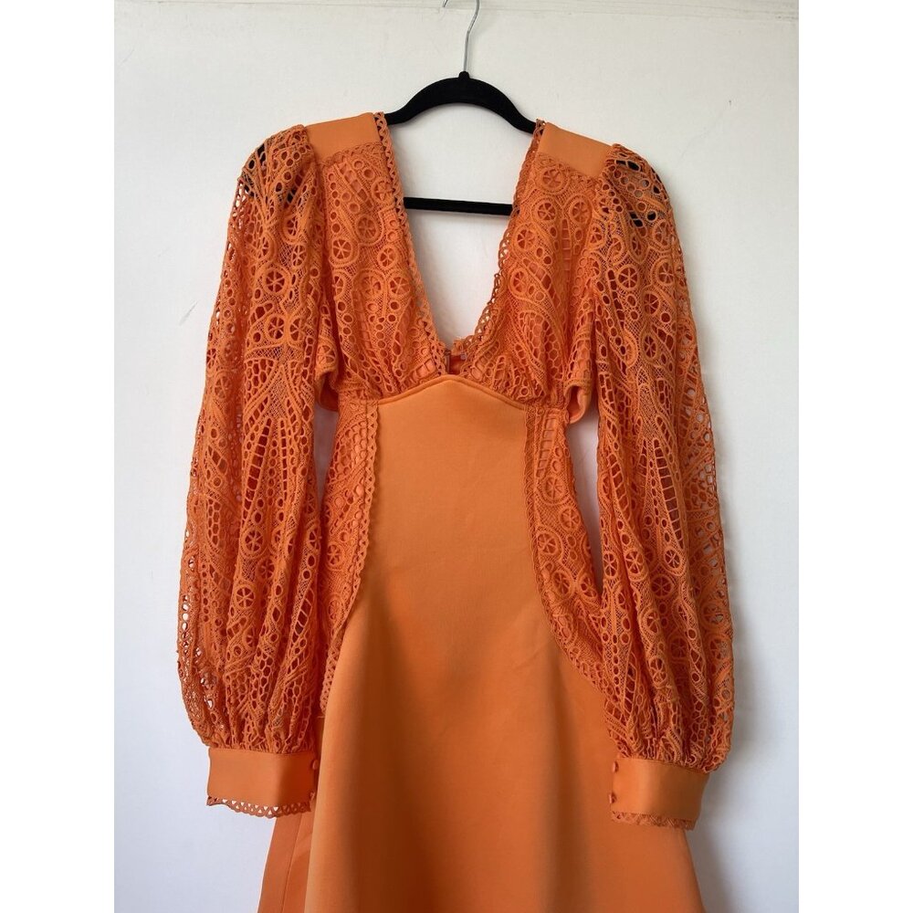 ASOS DESIGN Orange Puff Sleeve Broderie Midi Skater Dress Ruched Bodice NWOT - Picture 3 of 8